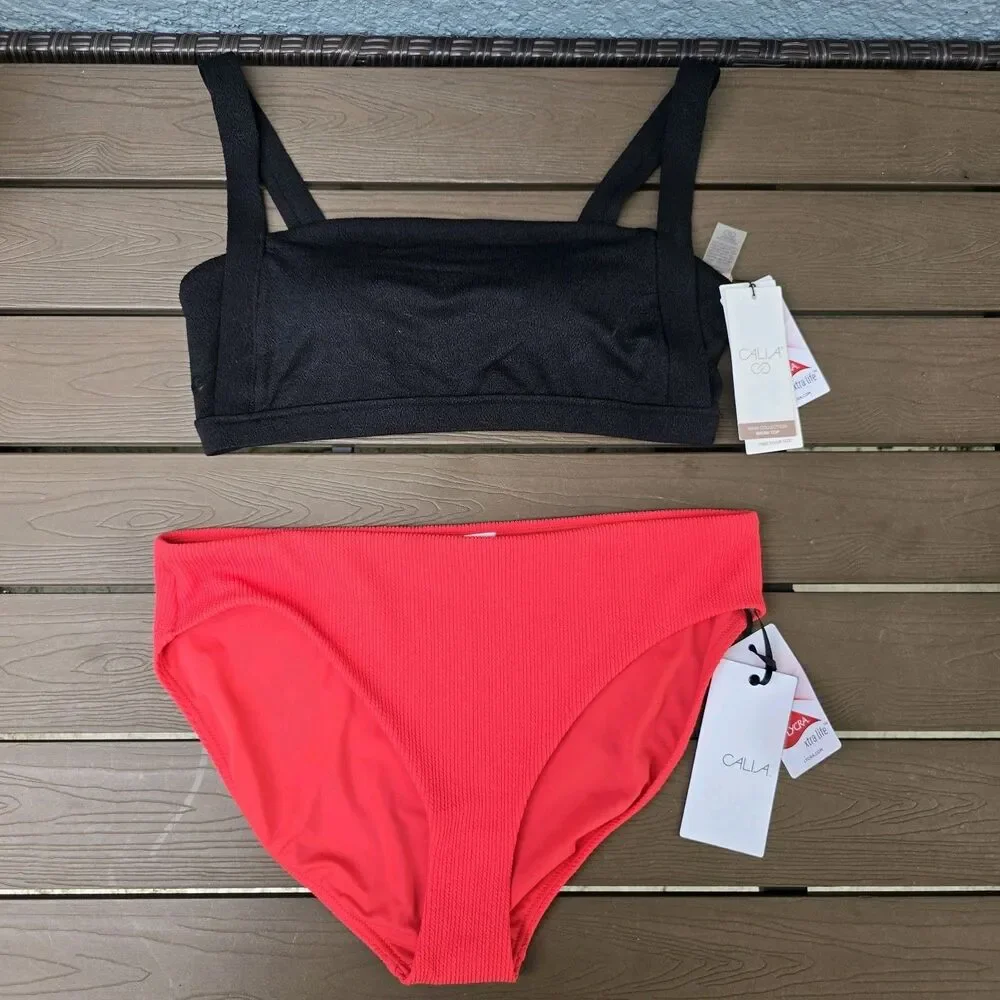 CALIA Women Textured Black Square Neck Top & Coral Mid Rise Bikini Sz L New